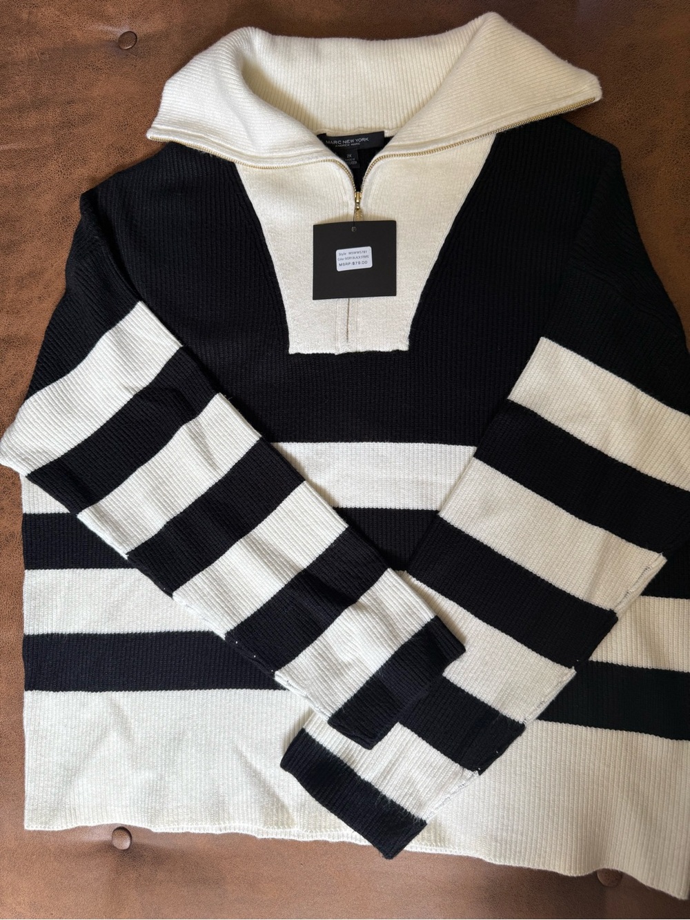 Marc New York Black and Cream Striped Half-Zip V-Neck Sweater
